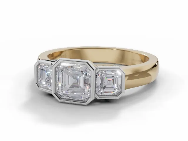 Certified Asscher-Cut 3 Stone Diamond Engagement Rings in 18ct. Yellow Gold