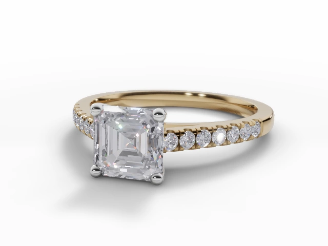 Asscher-Cut Diamond Engagement Rings with a Diamond-Set Band in 18ct. Yellow Gold