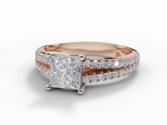 Certified Princess-Cut Diamond Engagement Rings with a Diamond-Set Band in 18ct. Rose Gold