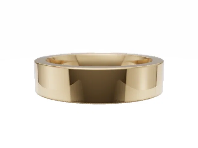 <strong>PREMIERE</strong><br />5.0mm.  Wide <br />Plain Polish Wedding Ring<br /> <br />100% Recycled, Hallmarked 18ct. Yellow Gold