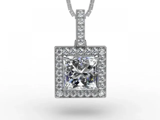 Halo Pendant<br />Certified Princess-Cut Diamond<br />100% Recycled, Hallmarked 18ct. White Gold Halo Pendant<br />Certified Princess-Cut Diamond<br />100% Recycled, Hallmarked 18ct. White Gold