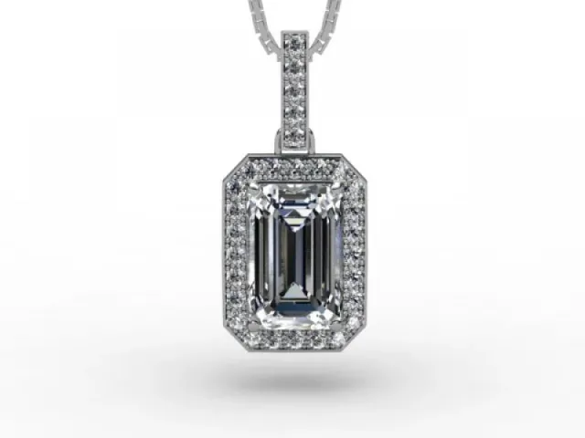 Halo Pendant<br />Certified Emerald-Cut Diamond<br />100% Recycled, Hallmarked 18ct. White Gold Halo Pendant<br />Certified Emerald-Cut Diamond<br />100% Recycled, Hallmarked 18ct. White Gold
