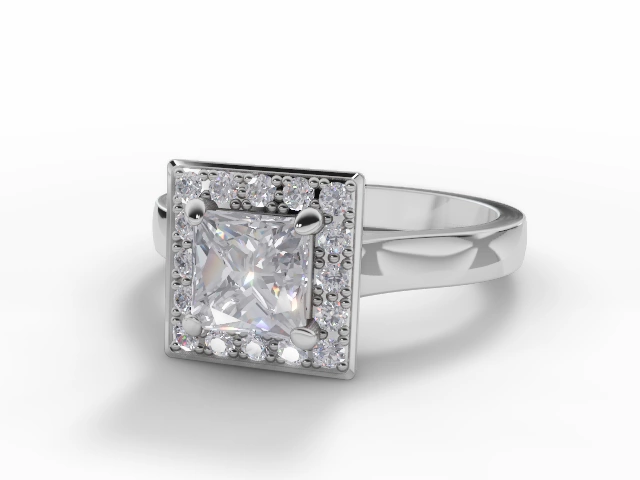 Diamond Halo Engagement Ring Plain Polish Band Certified Princess-Cut Diamond 100% Recycled, Hallmarked Platinum