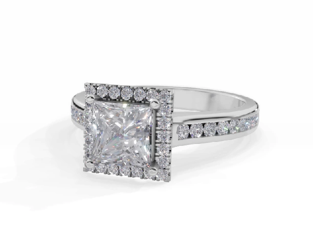 Diamond Halo Engagement Ring Channel-Set Diamond Band Certified Princess-Cut Diamond 100% Recycled, Hallmarked Platinum