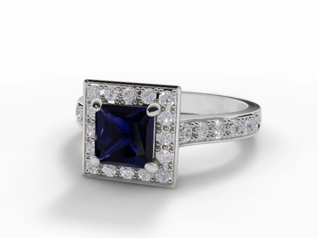 Blue Sapphire & Diamond Engagement Ring Grain-Set Diamond Band Princess-Cut Coloured Stone 100% Recycled, Hallmarked Platinum