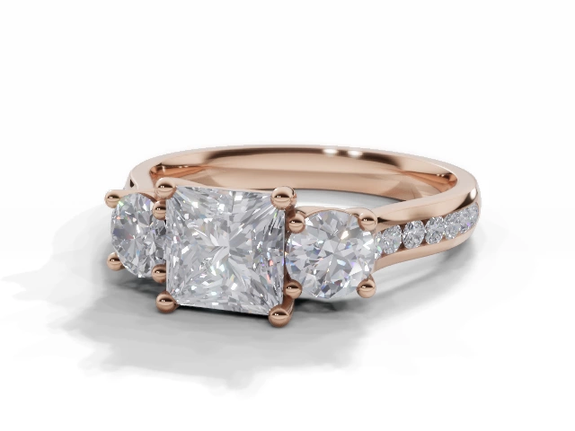 Diamond 3 Stone Engagement Ring Channel-Set Diamond Band Certified Princess-Cut Diamond 100% Recycled, Hallmarked 18ct. Rose Gold