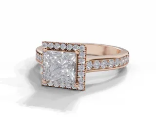 Diamond Halo Engagement Ring Grain-Set Diamond Band Certified Princess-Cut Diamond 100% Recycled, Hallmarked 18ct. Rose Gold