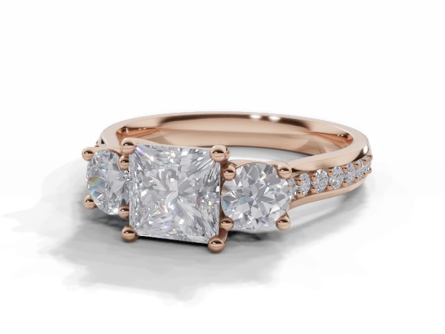 Diamond 3 Stone Engagement Ring Grain-Set Diamond Band Certified Princess-Cut Diamond 100% Recycled, Hallmarked 18ct. Rose Gold