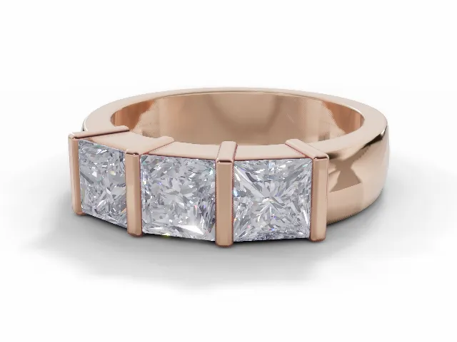 Diamond 3 Stone Engagement Ring Plain Polish Band Certified Princess-Cut Diamond 100% Recycled, Hallmarked 18ct. Rose Gold