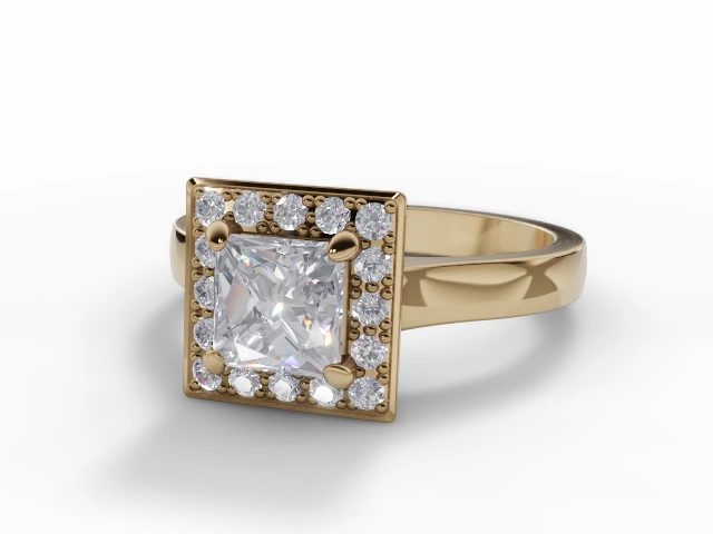 Diamond Halo Engagement Ring Plain Polish Band Certified Princess-Cut Diamond 100% Recycled, Hallmarked 18ct. Yellow Gold