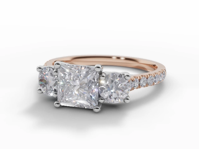 Diamond 3 Stone Engagement Ring Micro Pavé Diamond-Set Band Certified Princess-Cut Diamond 100% Recycled, Hallmarked 18ct. Rose Gold