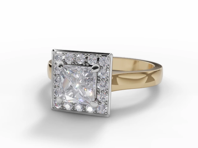 Diamond Halo Engagement Ring Plain Polish Band Certified Princess-Cut Diamond 100% Recycled, Hallmarked 18ct. Yellow Gold