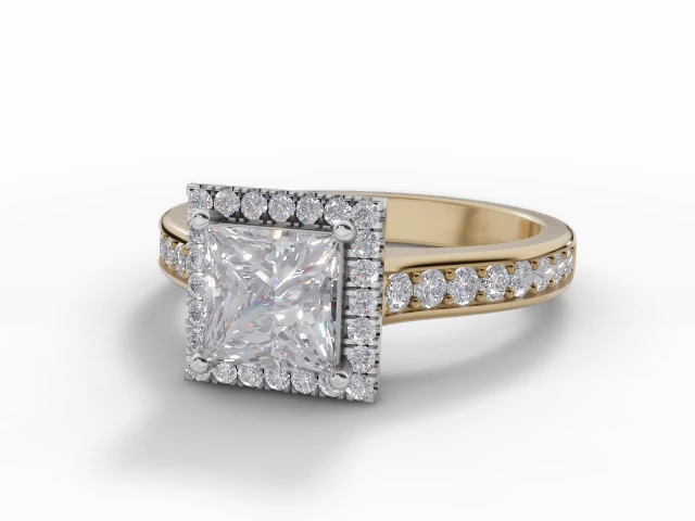 Diamond Halo Engagement Ring Grain-Set Diamond Band Certified Princess-Cut Diamond 100% Recycled, Hallmarked 18ct. Yellow Gold