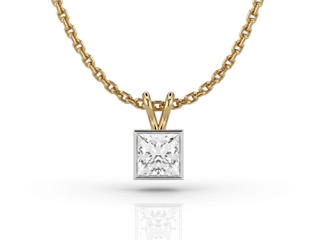 Bezel-Set Diamond Pendant with Princess-Cut Diamond 100% Recycled, Hallmarked 18ct. Yellow and White Gold