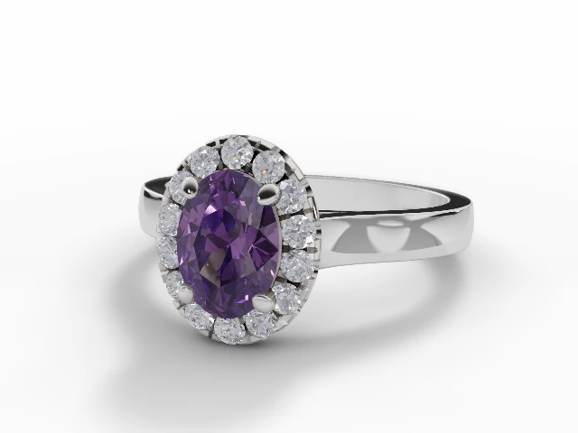 Amethyst & Diamond Engagement Ring Plain Polish Band Oval-Cut Coloured Stone 100% Recycled, Hallmarked Platinum