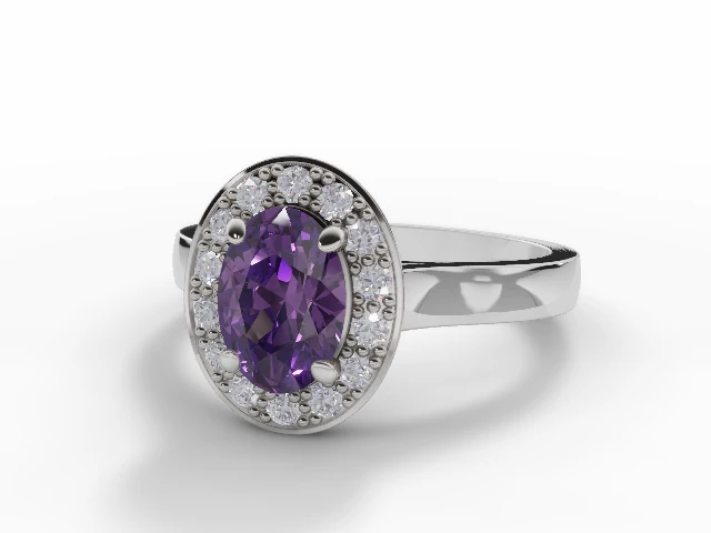 Amethyst & Diamond Engagement Ring Plain Polish Band Oval-Cut Coloured Stone 100% Recycled, Hallmarked Platinum
