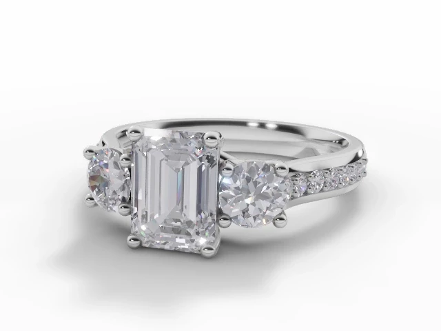 3 Stone Diamond Engagement Ring Plain Polish Band Certificated Emerald-Cut Diamond 100% Recycled, Hallmarked Platinum