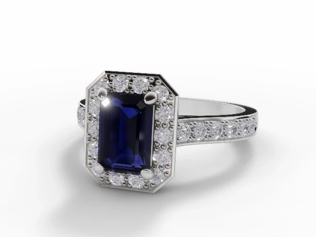 Blue Sapphire & Diamond Engagement Ring Halo, Plain Polish Band Emerald-Cut Blue Sapphire 100% Recycled, Hallmarked Platinum