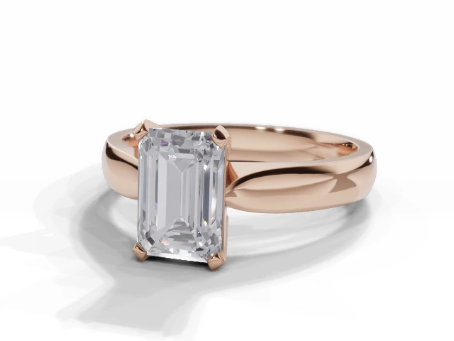 Solitaire Diamond Engagement Ring Diamond-Set Band Certificated Emerald-Cut Diamond 100% Recycled, Hallmarked 18ct. Rose Gold