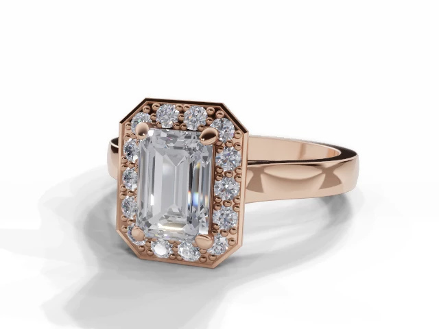 Halo Diamond Engagement Ring Diamond-Set Band Certificated Emerald-Cut Diamond 100% Recycled, Hallmarked 18ct. Rose Gold