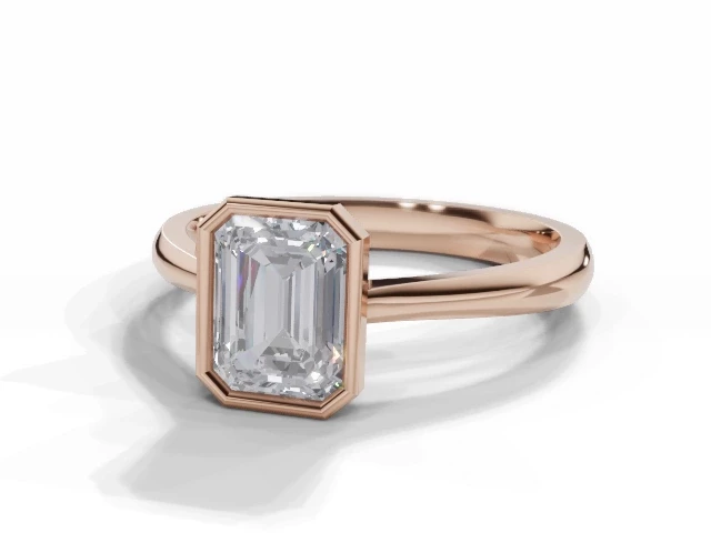 Solitaire Diamond Engagement Ring Plain Polish Band Certificated Emerald-Cut Diamond 100% Recycled, Hallmarked 18ct. Rose Gold