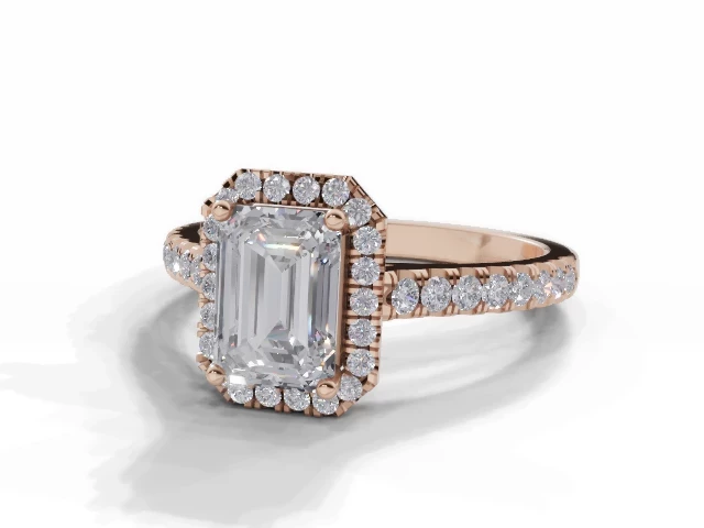 Halo Diamond Engagement Ring 1 Carat Emerald-Cut Diamond 100% Recycled, Hallmarked 18 Carat Rose Gold Plain Polish Band