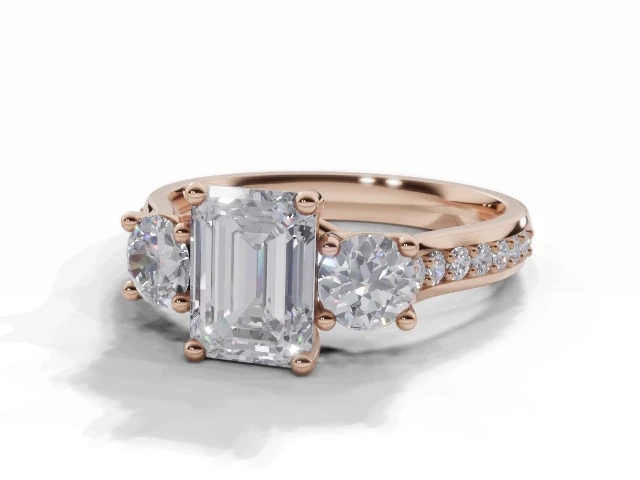 3 Stone Diamond Engagement Ring Plain Polish Band Certificated Emerald-Cut Diamond 100% Recycled, Hallmarked 18ct. Rose Gold