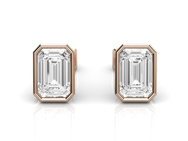 Bezel Set Earrings Certified  Emerald-Cut Diamonds 100% Recycled, Hallmarked 18ct. Rose Gold