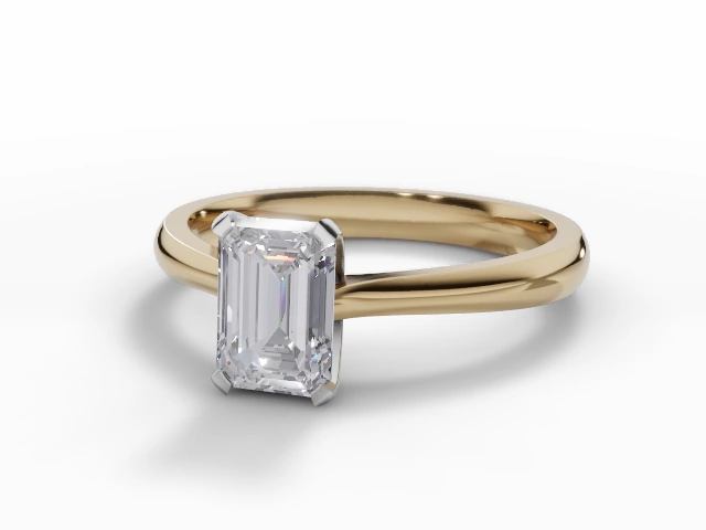 Solitaire Diamond Engagement Ring Plain Polish Band Certificated Emerald-Cut Diamond 100% Recycled, Hallmarked 18ct. Yellow Gold