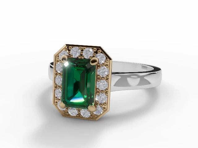 Emerald & Diamond Engagement Ring Halo, Diamond-Set Band Emerald-Cut Emerald 100% Recycled, Hallmarked 18ct. White Gold