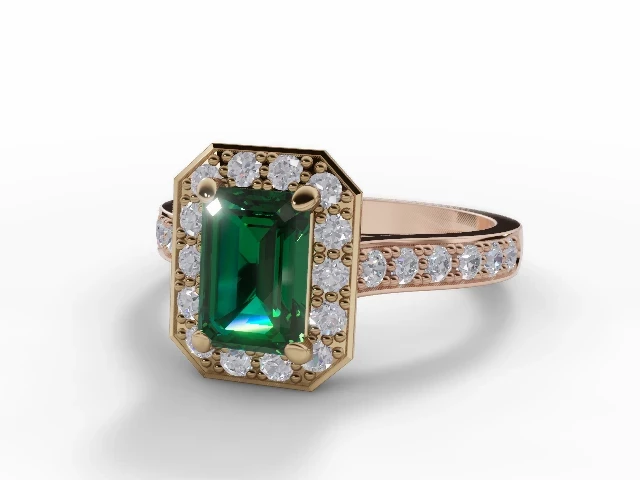 Emerald & Diamond Engagement Ring Halo, Plain Polish Band Emerald-Cut Emerald 100% Recycled, Hallmarked 18ct. Rose Gold