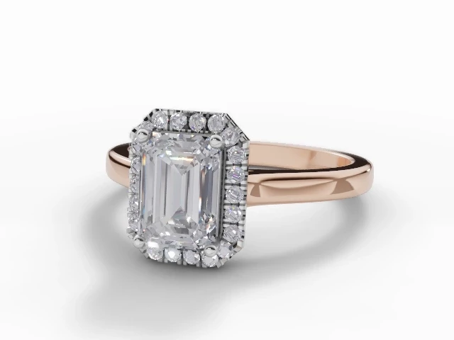 Halo Diamond Engagement Ring Plain Polish Band Certificated Emerald-Cut Diamond 100% Recycled, Hallmarked 18ct. Rose Gold