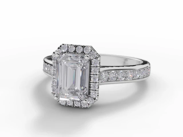 Halo Diamond Engagement Ring Plain Polish Band Certificated Emerald-Cut Diamond 100% Recycled, Hallmarked 18ct. White Gold