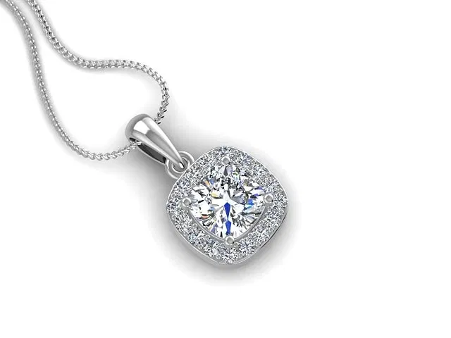 Halo Diamond Pendant<br />Cushion and Round Diamonds<br />100% Recycled, Hallmarked Platinum Halo Diamond Pendant<br />Cushion and Round Diamonds<br />100% Recycled, Hallmarked Platinum