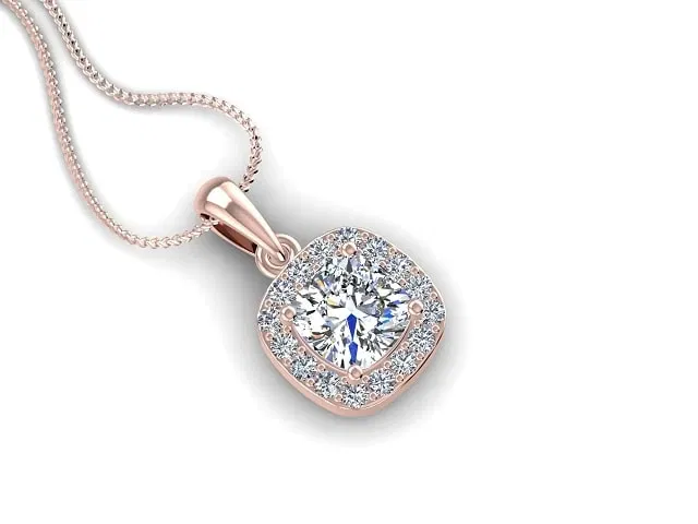 Halo Diamond Pendant<br />Cushion and Round Diamonds<br />100% Recycled, Hallmarked 18ct. Rose Gold Halo Diamond Pendant<br />Cushion and Round Diamonds<br />100% Recycled, Hallmarked 18ct. Rose Gold