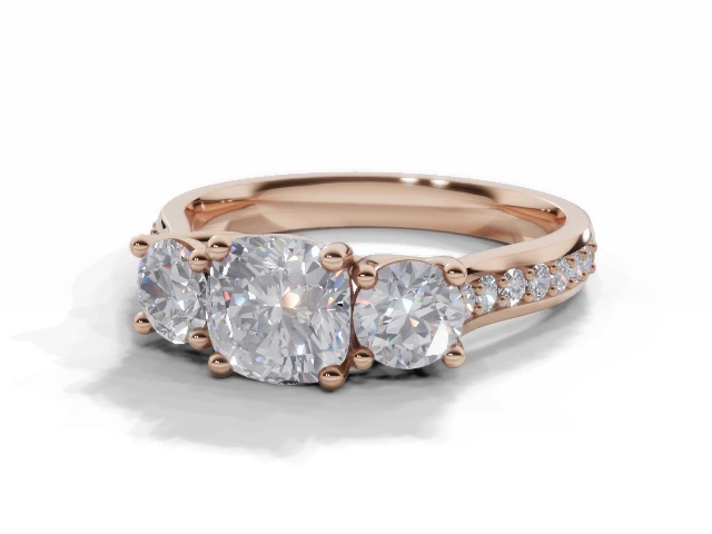 Diamond 3 Stone Engagement Ring Grain-Set Diamond Band Certified Cushion-Cut Diamond 100% Recycled, Hallmarked 18ct. Rose Gold