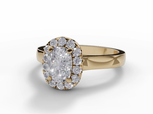 Diamond Halo Engagement Ring Plain Polish Band Certified Cushion-Cut Diamond 100% Recycled, Hallmarked 18ct. Yellow Gold