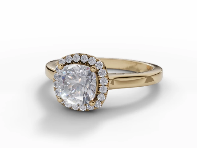 Diamond Halo Engagement Ring Plain Polish Band Certified Cushion-Cut Diamond 100% Recycled, Hallmarked 18ct. Yellow Gold