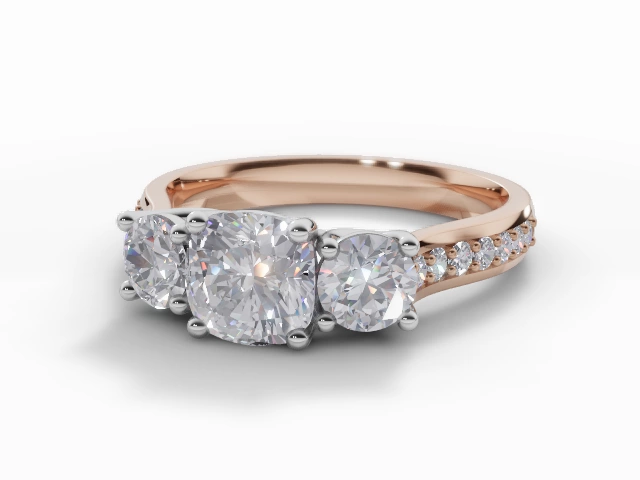 Diamond 3 Stone Engagement Ring Grain-Set Diamond Band Certified Cushion-Cut Diamond 100% Recycled, Hallmarked 18ct. Rose Gold