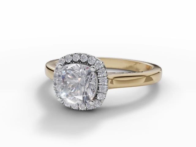 Diamond Halo Engagement Ring Plain Polish Band Certified Cushion-Cut Diamond 100% Recycled, Hallmarked 18ct. Yellow Gold