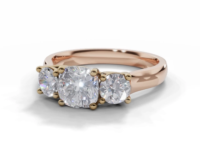 Diamond 3 Stone Engagement Ring Plain Polish Band Certified Cushion-Cut Diamond 100% Recycled, Hallmarked 18ct. Rose Gold