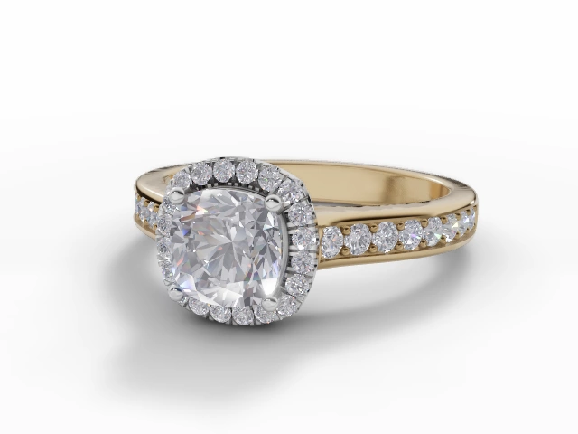 Diamond Halo Engagement Ring Grain-Set Diamond Band Certified Cushion-Cut Diamond 100% Recycled, Hallmarked 18ct. Yellow Gold