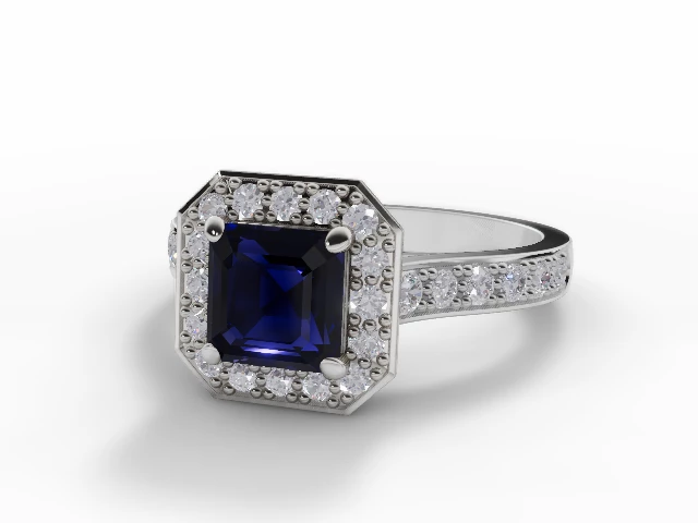 Blue Sapphire & Diamond Engagement Ring Grain-Set Diamond Band Asscher-Cut Coloured Stone 100% Recycled, Hallmarked Platinum