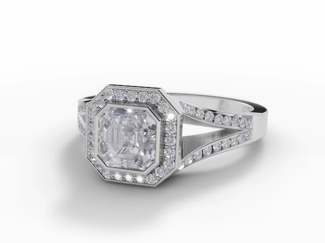 Diamond Halo Engagement Ring Channel-Set Diamond Band Certified Asscher-Cut Diamond 100% Recycled, Hallmarked 18ct. White Gold