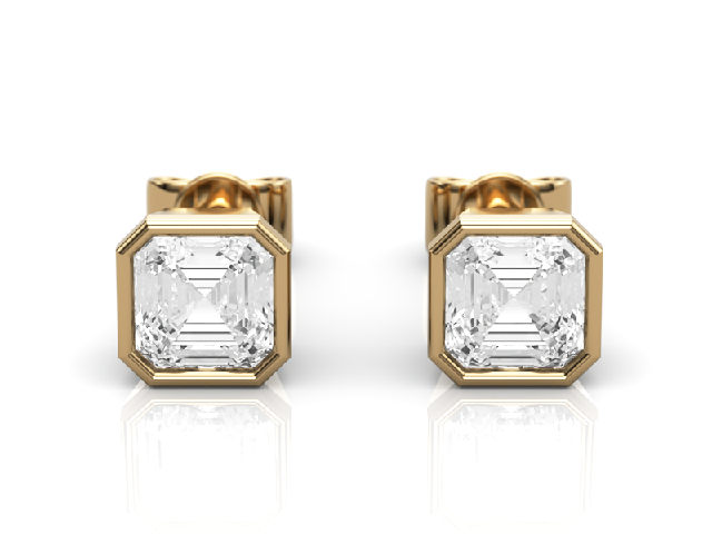 Bezel Set Earrings Certified  Asscher-Cut Diamonds 100% Recycled, Hallmarked 18ct. Yellow Gold