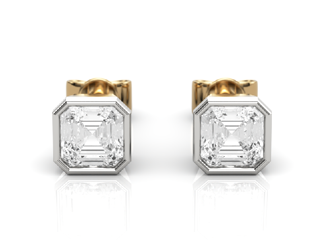 Bezel Set Earrings Certified  Asscher-Cut Diamonds 100% Recycled, Hallmarked 18ct. Yellow & White Gold