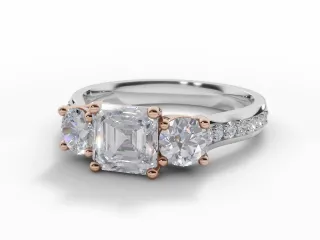 Diamond 3 Stone Engagement Ring Grain-Set Diamond Band Certified Asscher-Cut Diamond 100% Recycled, Hallmarked 18ct. White and Rose Gold