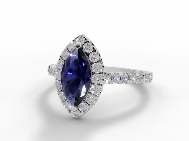 Blue Sapphire & Diamond Engagement Ring Micro Pavé Diamond-Set Band Marquise-Cut Coloured Stone 100% Recycled, Hallmarked Platinum