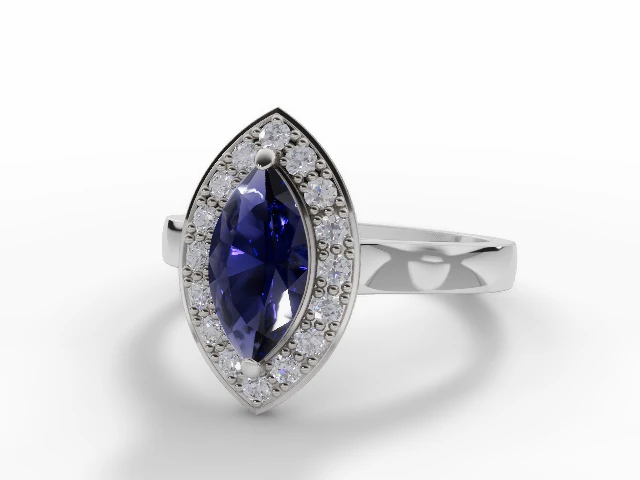 Blue Sapphire & Diamond Engagement Ring Plain Polish Band Marquise-Cut Coloured Stone 100% Recycled, Hallmarked Platinum