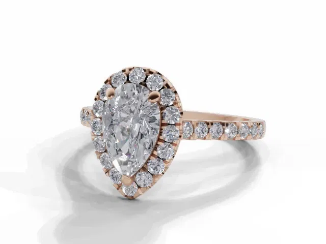 Diamond Halo Engagement Ring<br />Micro Pavé Diamond-Set Band<br/>Certified Pear-Shape Diamond<br />100% Recycled, Hallmarked 18ct. Rose Gold Diamond Halo Engagement Ring<br />Micro Pavé Diamond-Set Band<br/>Certified Pear-Shape Diamond<br />100% Recycled, Hallmarked 18ct. Rose Gold